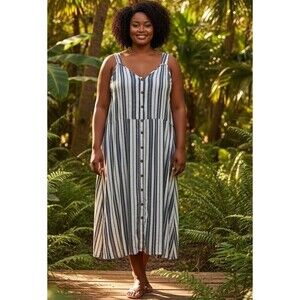 Terra & Sky 3X 24W 26W Linen Rayon Midi Dress Blue White Stripe Beach Travel NEW